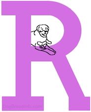 En tegnet hund ligger i den tomme midterste del af et tegnet stort bogstav R