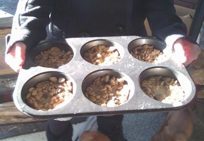 En stor muffinsform med varje enskild ficka fylld med kibble.