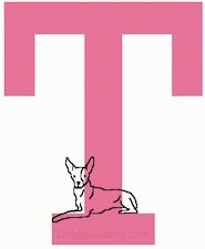 एक खींचा गया कुत्ता एक खींचा हुआ अक्षर बड़े अक्षर T के आधार पर रखा गया है